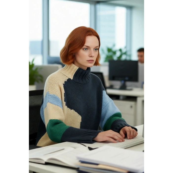 Kadın Şık Dik Yaka Oversize Renk Bloklu Düşük Kol Uzun Triko Kazak Kış Modasına Yeni Bir Soluk