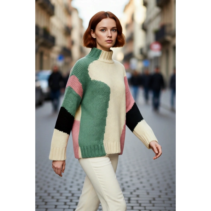 Kadın Şık Dik Yaka Oversize Renk Bloklu Düşük Kol Uzun Triko Kazak Kış Modasına Yeni Bir Soluk