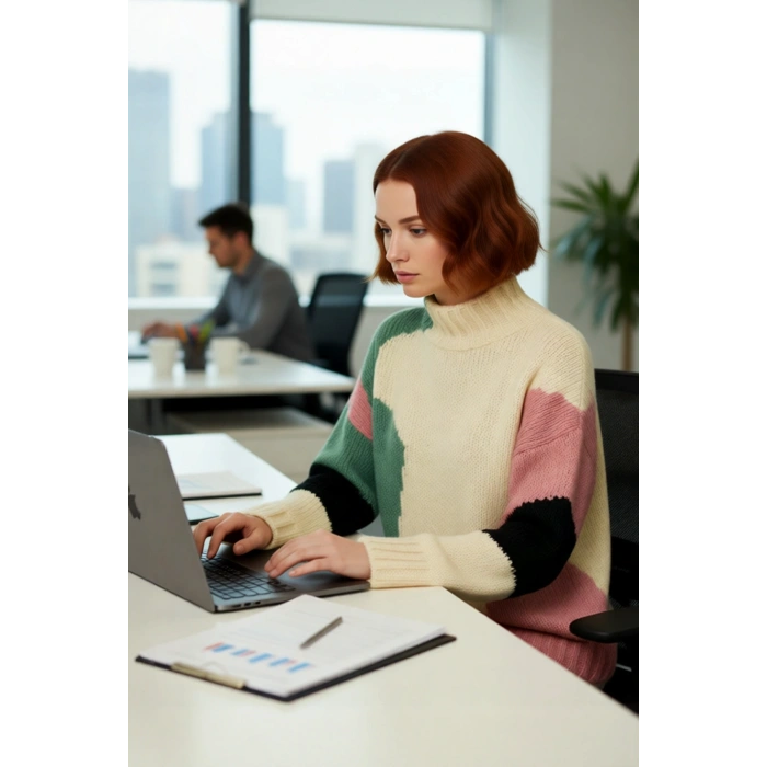 Kadın Şık Dik Yaka Oversize Renk Bloklu Düşük Kol Uzun Triko Kazak Kış Modasına Yeni Bir Soluk