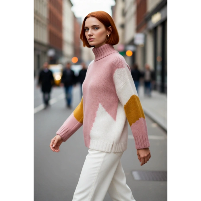 Kadın Şık Dik Yaka Oversize Renk Bloklu Düşük Kol Uzun Triko Kazak Kış Modasına Yeni Bir Soluk