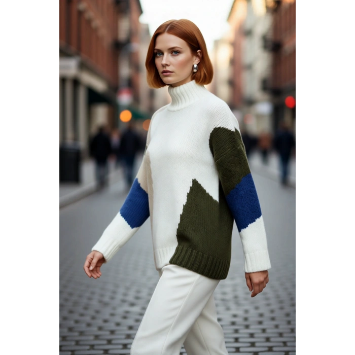 Kadın Şık Dik Yaka Oversize Renk Bloklu Düşük Kol Uzun Triko Kazak Kış Modasına Yeni Bir Soluk