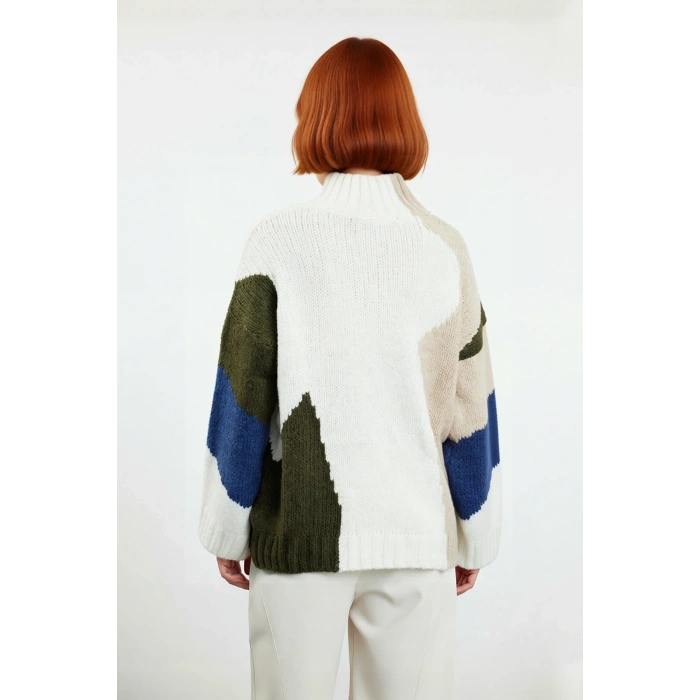 Kadın Şık Dik Yaka Oversize Renk Bloklu Düşük Kol Uzun Triko Kazak Kış Modasına Yeni Bir Soluk