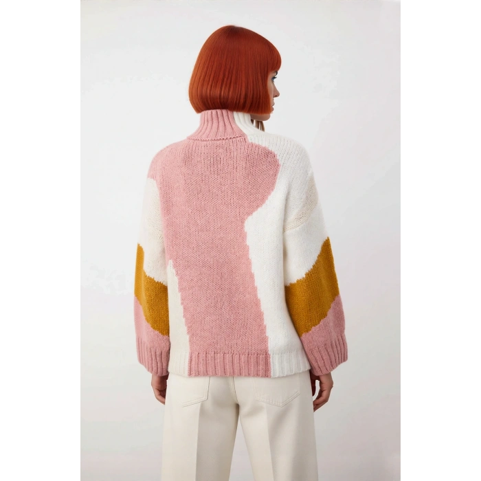 Kadın Şık Dik Yaka Oversize Renk Bloklu Düşük Kol Uzun Triko Kazak Kış Modasına Yeni Bir Soluk