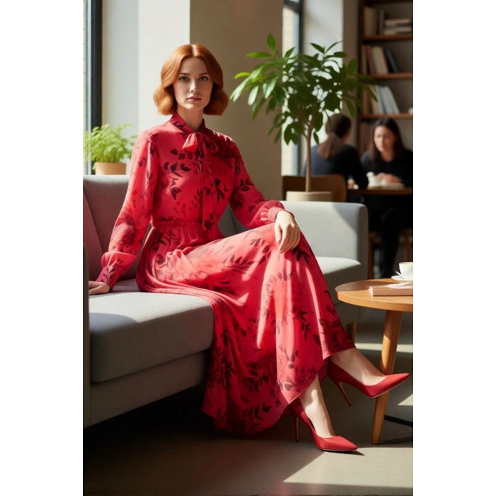 Kadın Şık Dokuma Çiçekli Maxi Elbise Balon Kol Detaylı Astarlı Boyundan Bağlamalı Tasarım Kaliteli