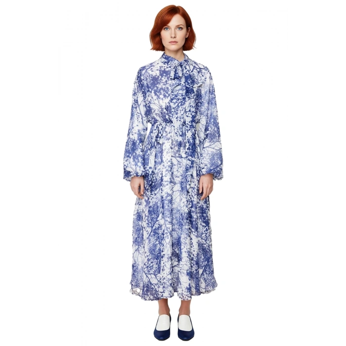 Kadın Şık Dokuma Dik Yaka Mavi Desenli Uzun Abiye Elbise Balon Kol İlkbahar Sonbahar Kaliteli
