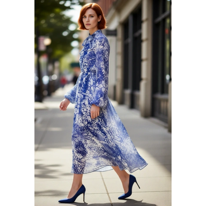 Kadın Şık Dokuma Dik Yaka Mavi Desenli Uzun Abiye Elbise Balon Kol İlkbahar Sonbahar Kaliteli