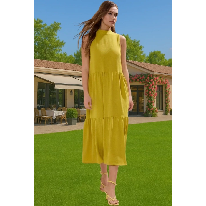 Kadın Şık Düz Kesim Kolsuz Midi Elbise Polyester Kumaş Nefes Alabilir Şık Görünüm Kaliteli İşçilik