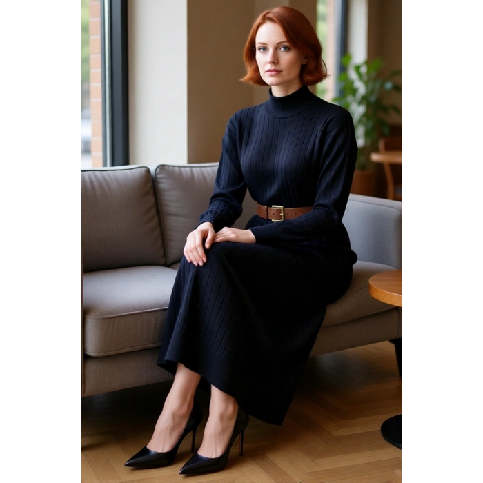 Kadın Şık Düz Shift Kalıp Düşük Kol Dik Yaka Kemerli Maxi Yırtmaç Detaylı Kışlık Triko Elbise