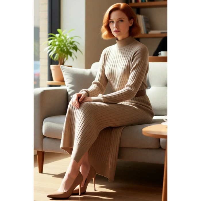 Kadın Şık Düz Shift Kalıp Düşük Kol Dik Yaka Kemerli Maxi Yırtmaç Detaylı Kışlık Triko Elbise