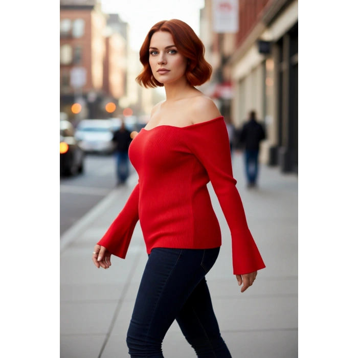 Kadın Şık Fitted Carmen Yaka Fitilli Triko Kazak Düz Desen Uzun Reglan Kol Bodycone Siluet