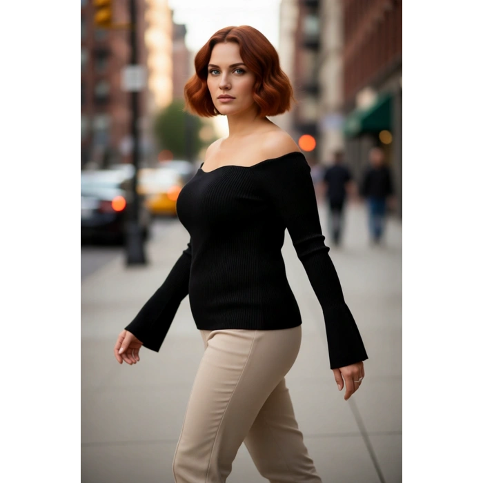 Kadın Şık Fitted Carmen Yaka Fitilli Triko Kazak Düz Desen Uzun Reglan Kol Bodycone Siluet