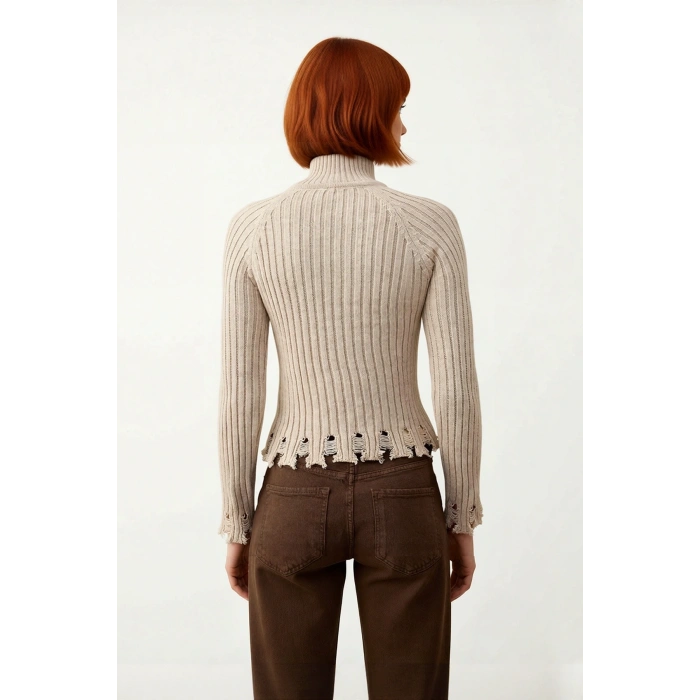 Kadın Şık Fitted Crop Uzun Reglan Kollu Dik Yaka Fitilli Triko Kazak Kış Günleri İçin İdeal Model