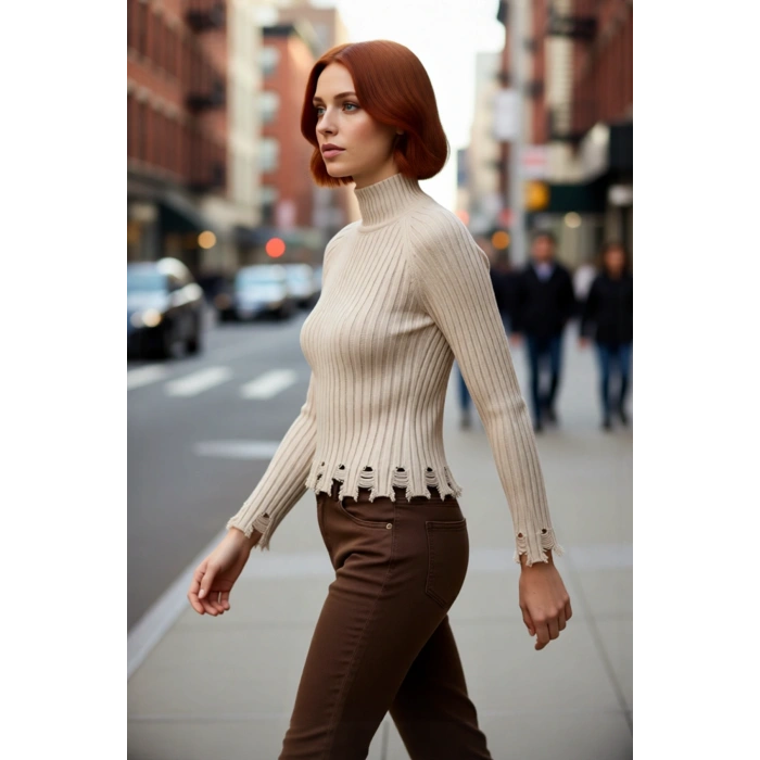 Kadın Şık Fitted Crop Uzun Reglan Kollu Dik Yaka Fitilli Triko Kazak Kış Günleri İçin İdeal Model