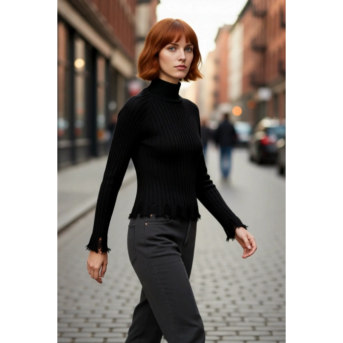 Kadın Şık Fitted Crop Uzun Reglan Kollu Dik Yaka Fitilli Triko Kazak Kış Günleri İçin İdeal Model