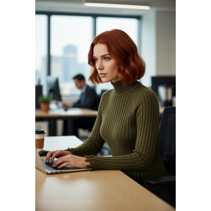 Kadın Şık Fitted Crop Uzun Reglan Kollu Dik Yaka Fitilli Triko Kazak Kış Günleri İçin İdeal Model