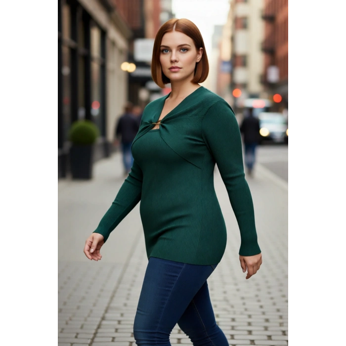 Kadın Şık Fitted Fitilli Triko Kazak Aksesuar Detaylı V Yaka Tasarımı İle Modern Görünüm Kaliteli