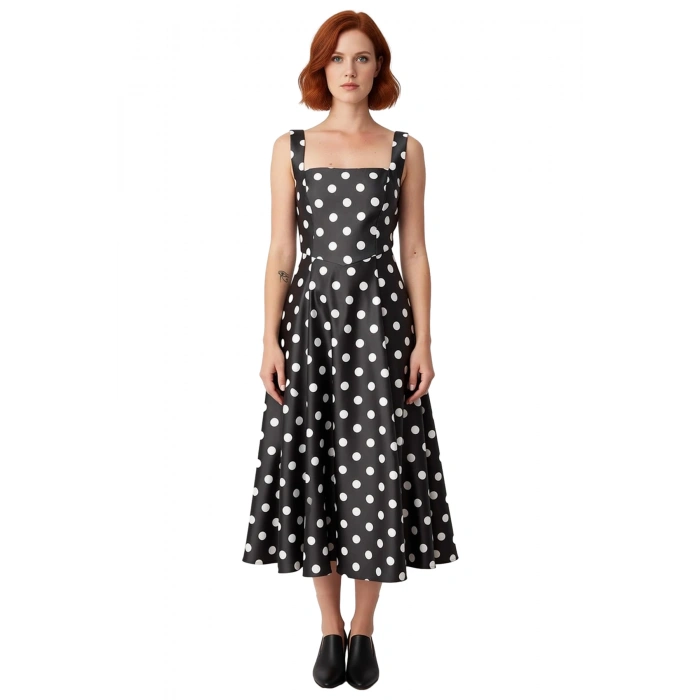 Kadın Şık Gece Elbisesi Skater Siluet Kare Yaka Midi Boy Düz Desen Saten Dokuma Kalın Askılı