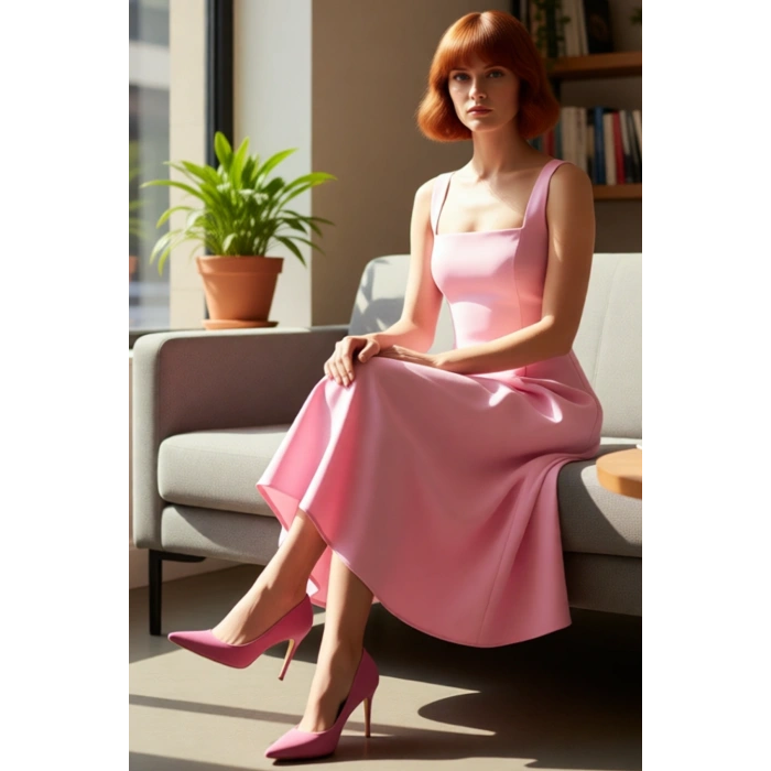 Kadın Şık Gece Elbisesi Skater Siluet Kare Yaka Midi Boy Düz Desen Saten Dokuma Kalın Askılı