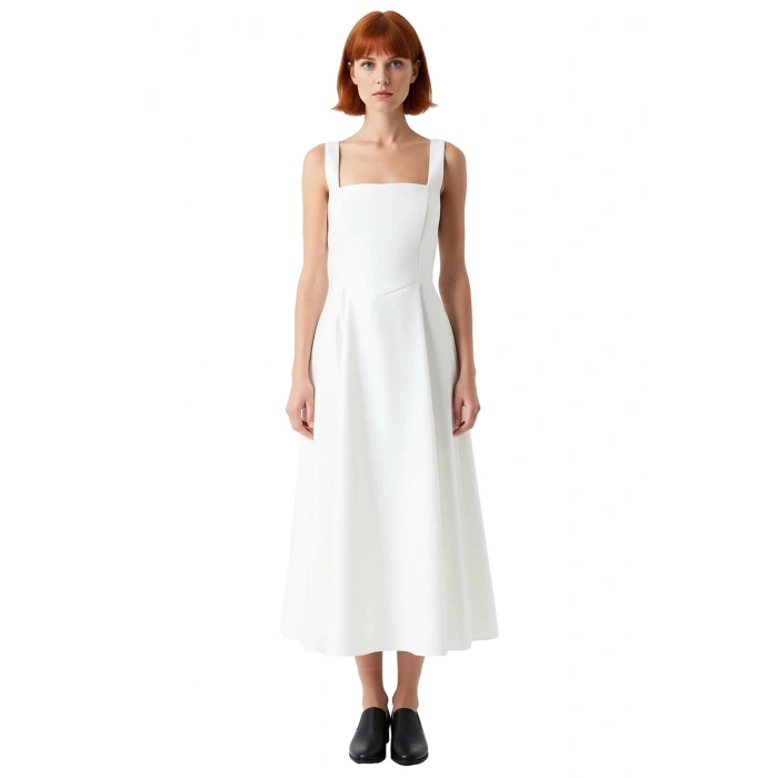 Kadın Şık Gece Elbisesi Skater Siluet Kare Yaka Midi Boy Düz Desen Saten Dokuma Kalın Askılı