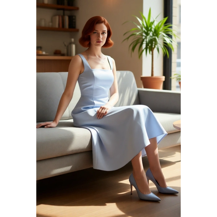 Kadın Şık Gece Elbisesi Skater Siluet Kare Yaka Midi Boy Düz Desen Saten Dokuma Kalın Askılı