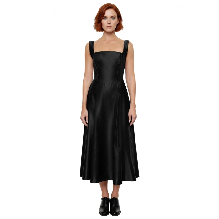 Kadın Şık Gece Elbisesi Skater Siluet Kare Yaka Midi Boy Düz Desen Saten Dokuma Kalın Askılı