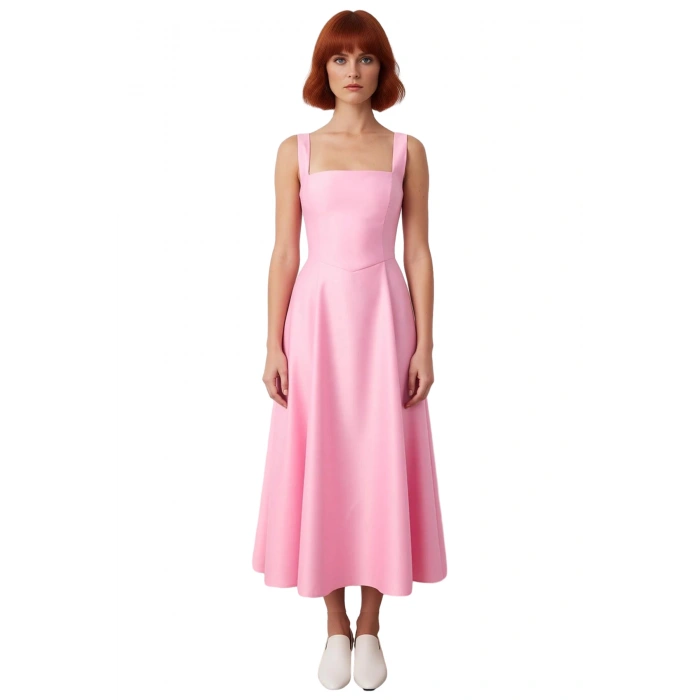 Kadın Şık Gece Elbisesi Skater Siluet Kare Yaka Midi Boy Düz Desen Saten Dokuma Kalın Askılı