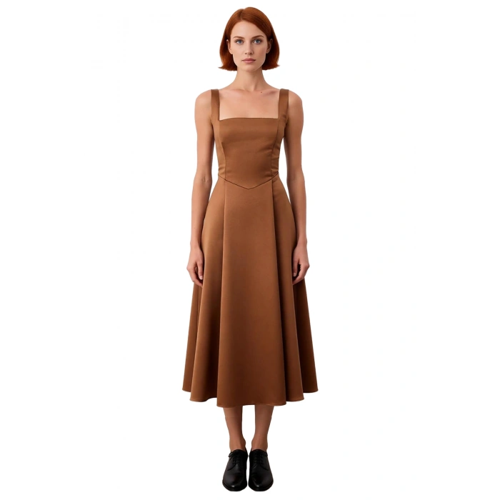 Kadın Şık Gece Elbisesi Skater Siluet Kare Yaka Midi Boy Düz Desen Saten Dokuma Kalın Askılı