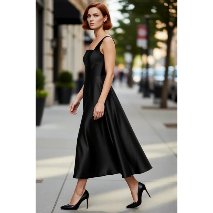 Kadın Şık Gece Elbisesi Skater Siluet Kare Yaka Midi Boy Düz Desen Saten Dokuma Kalın Askılı