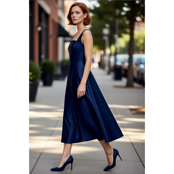 Kadın Şık Gece Elbisesi Skater Siluet Kare Yaka Midi Boy Düz Desen Saten Dokuma Kalın Askılı