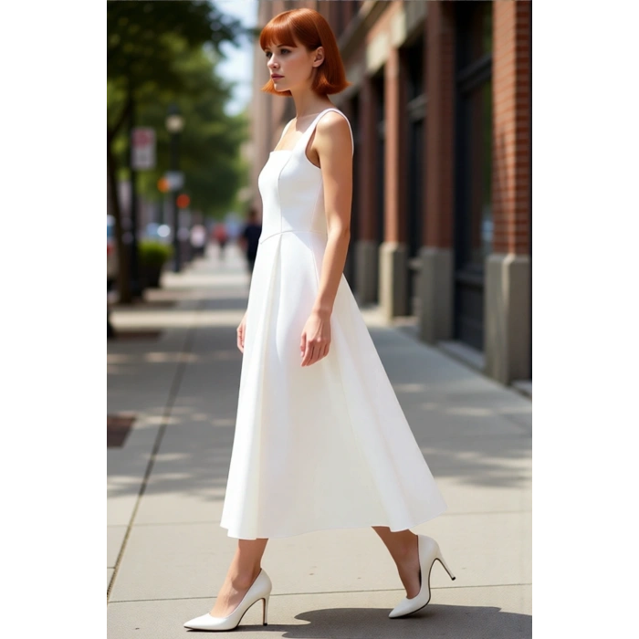 Kadın Şık Gece Elbisesi Skater Siluet Kare Yaka Midi Boy Düz Desen Saten Dokuma Kalın Askılı