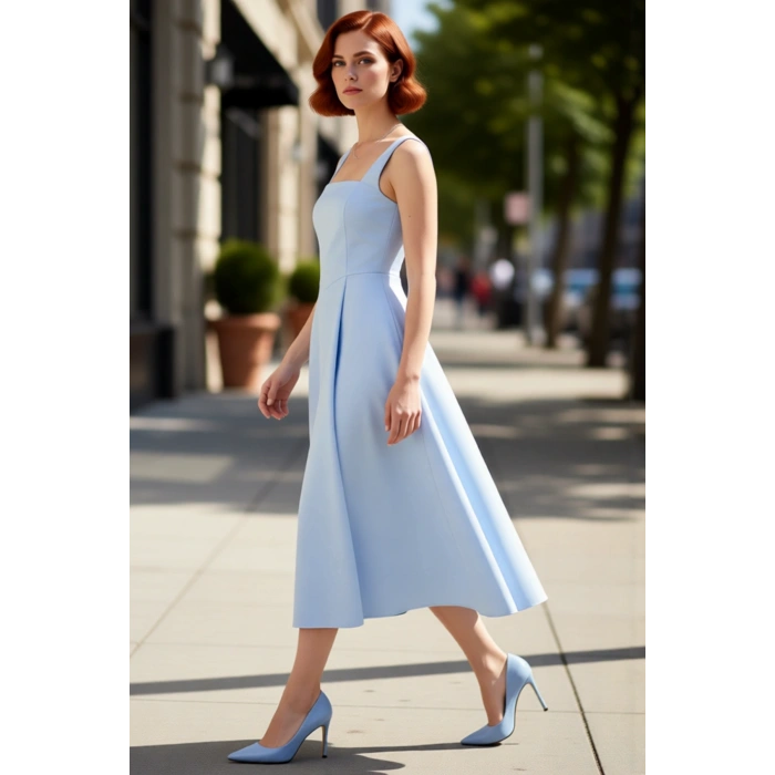 Kadın Şık Gece Elbisesi Skater Siluet Kare Yaka Midi Boy Düz Desen Saten Dokuma Kalın Askılı