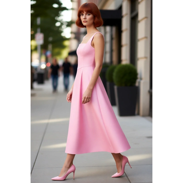 Kadın Şık Gece Elbisesi Skater Siluet Kare Yaka Midi Boy Düz Desen Saten Dokuma Kalın Askılı