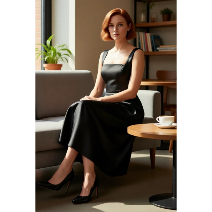 Kadın Şık Gece Elbisesi Skater Siluet Kare Yaka Midi Boy Düz Desen Saten Dokuma Kalın Askılı