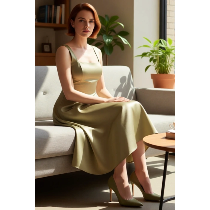 Kadın Şık Gece Elbisesi Skater Siluet Kare Yaka Midi Boy Düz Desen Saten Dokuma Kalın Askılı