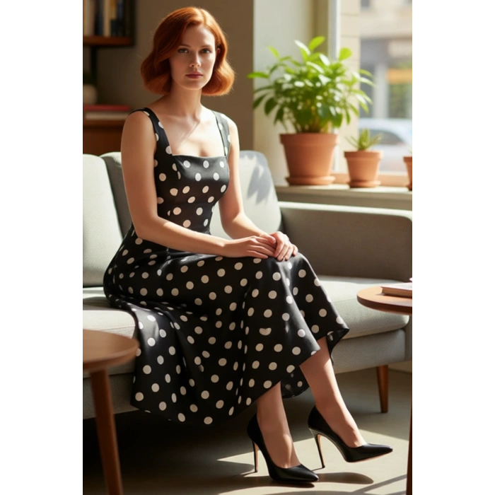 Kadın Şık Gece Elbisesi Skater Siluet Kare Yaka Midi Boy Düz Desen Saten Dokuma Kalın Askılı