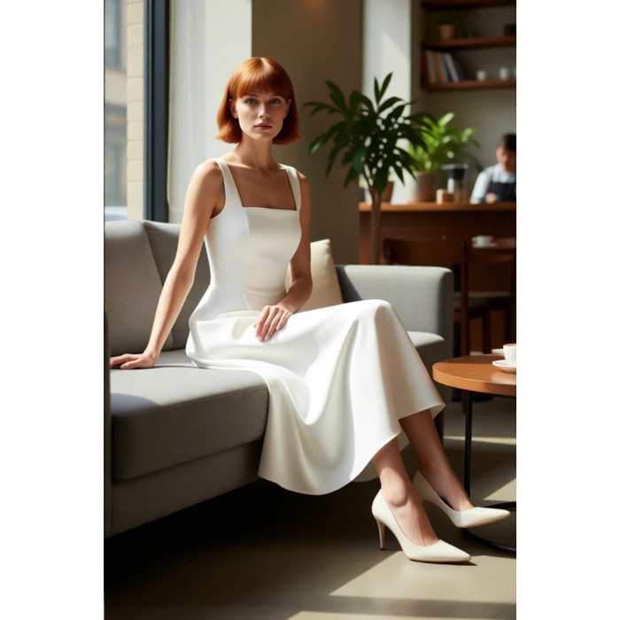 Kadın Şık Gece Elbisesi Skater Siluet Kare Yaka Midi Boy Düz Desen Saten Dokuma Kalın Askılı