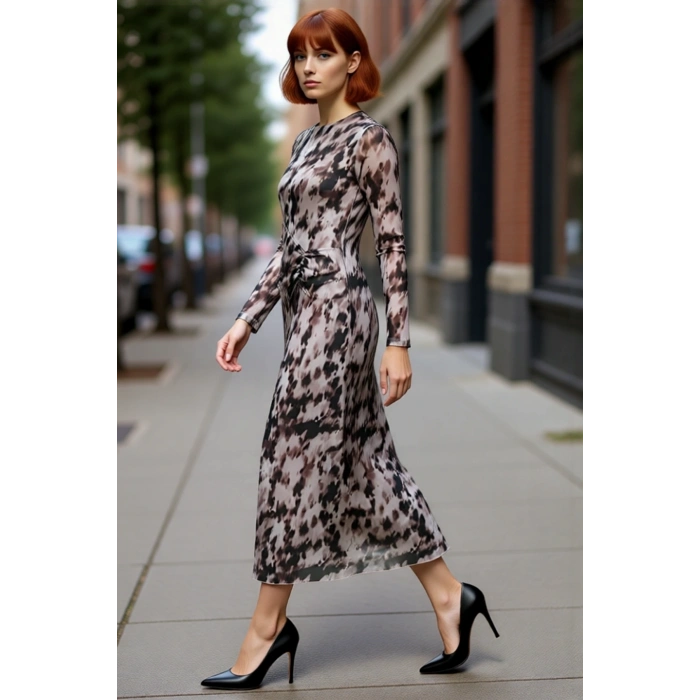 Kadın Şık Gece Koleksiyonu Bisiklet Yaka Uzun Kollu Astarlı Polyester Karışımlı Maxi Elbise.