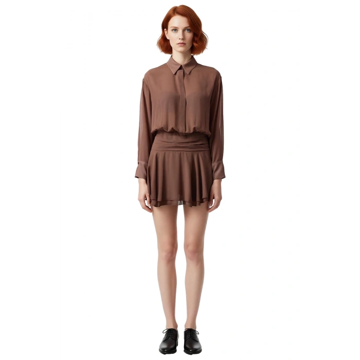 Kadın Şık Gömlek Yaka Uzun Kollu Skater Kalıp Şifon Elbise Özel Günlerin Vazgeçilmezi Kaliteli