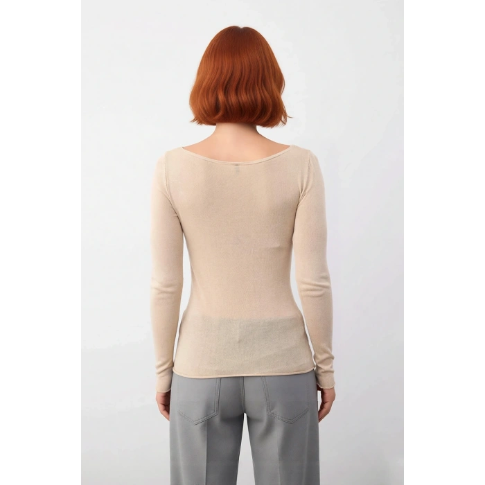 Kadın Şık Günlük Bisiklet Yaka İnce Dokulu Rahat Kesim Viskoz Uzun Kollu Triko Bluz Modeli