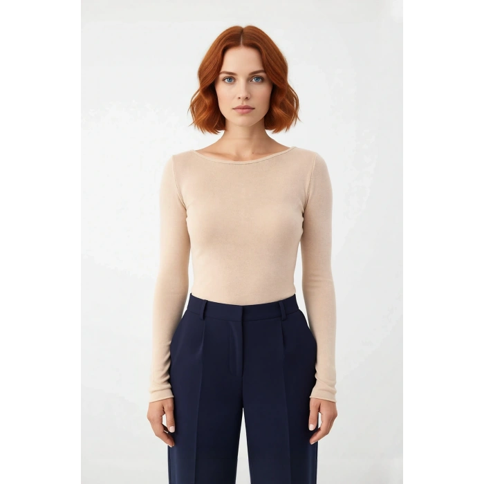 Kadın Şık Günlük Bisiklet Yaka İnce Dokulu Rahat Kesim Viskoz Uzun Kollu Triko Bluz Modeli