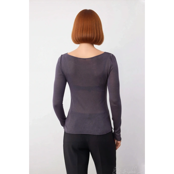 Kadın Şık Günlük Bisiklet Yaka İnce Dokulu Rahat Kesim Viskoz Uzun Kollu Triko Bluz Modeli