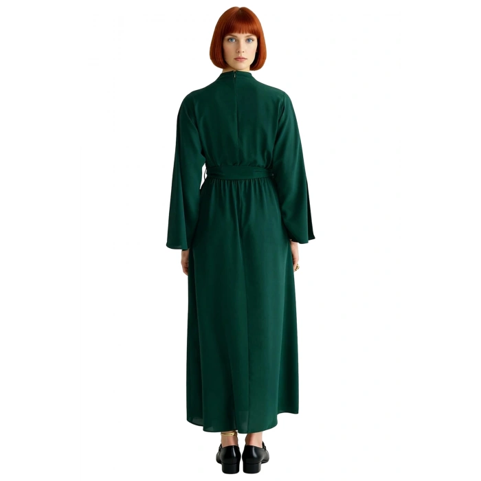 Kadın Şık Haki Dokuma Skater Elbise Dik Yaka Uzun İspanyol Kollu Kuşak Detaylı Maxi Model Kaliteli