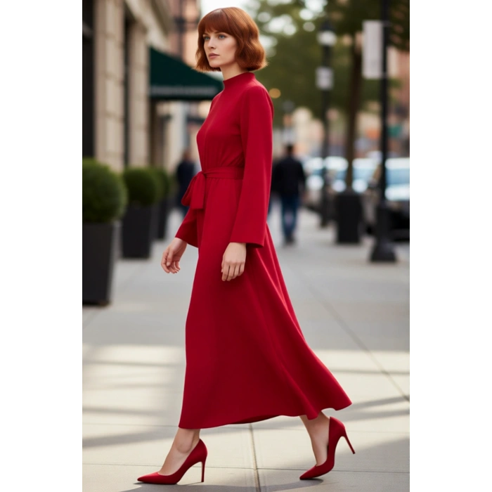 Kadın Şık Haki Dokuma Skater Elbise Dik Yaka Uzun İspanyol Kollu Kuşak Detaylı Maxi Model Kaliteli