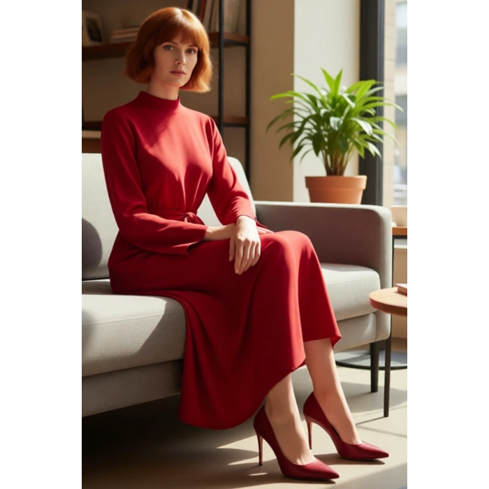 Kadın Şık Haki Dokuma Skater Elbise Dik Yaka Uzun İspanyol Kollu Kuşak Detaylı Maxi Model Kaliteli