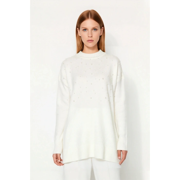 Kadın Şık İnci Detaylı Uzun Triko Kazak Relaxed Kalıp Bisiklet Yaka Balon Kol Kışlık Kaliteli