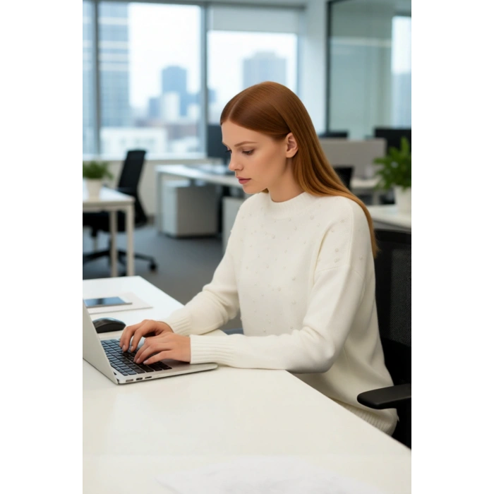 Kadın Şık İnci Detaylı Uzun Triko Kazak Relaxed Kalıp Bisiklet Yaka Balon Kol Kışlık Kaliteli