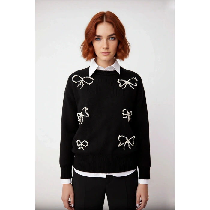 Kadın Şık İncili Fiyonk Detaylı Triko Kazak Regular Kalıp Bisiklet Yaka Standart Kol İlkbahar