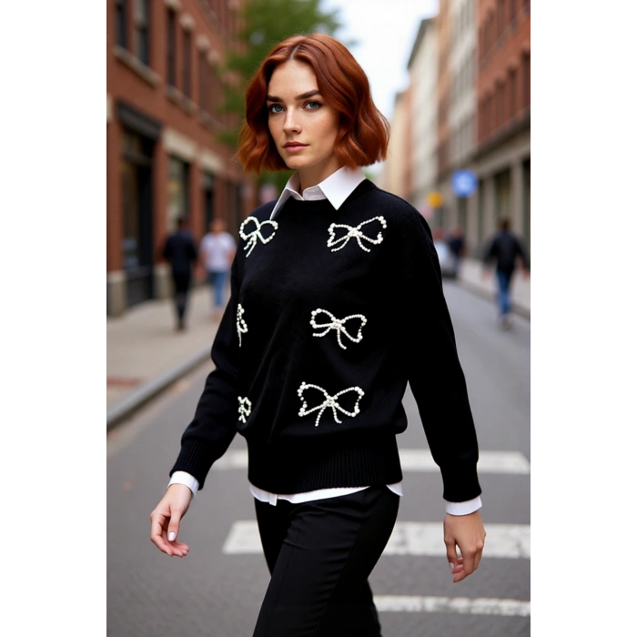 Kadın Şık İncili Fiyonk Detaylı Triko Kazak Regular Kalıp Bisiklet Yaka Standart Kol İlkbahar