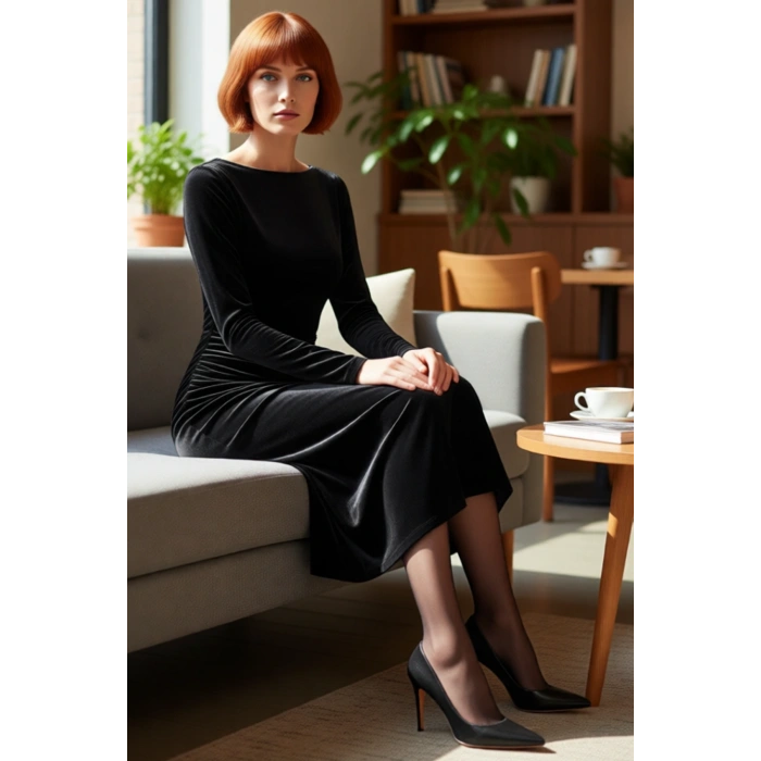Kadın Şık Kayık Yaka Siyah Kadife Midi Elbise Uzun Kollu Büzgülü Bodycon Kış Mevsimi Özel Davet