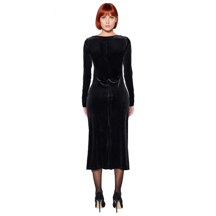 Kadın Şık Kayık Yaka Siyah Kadife Midi Elbise Uzun Kollu Büzgülü Bodycon Kış Mevsimi Özel Davet